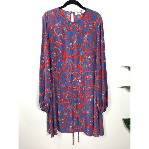 Diane von Frurstenberg 100% Silk Dress Eldsen Blue Red Floral Print Long Sleeve - Picture 2 of 11